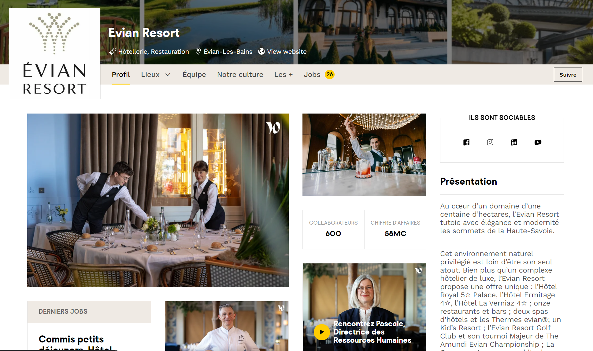 La page de l'établissement Evian Resort sur le Jobboard "Welcome to the Jungle" et la volonté des acteurs de l'hôtellerie-restauration de mettre les actions de marketing RH au coeur de leur politique de recrutement